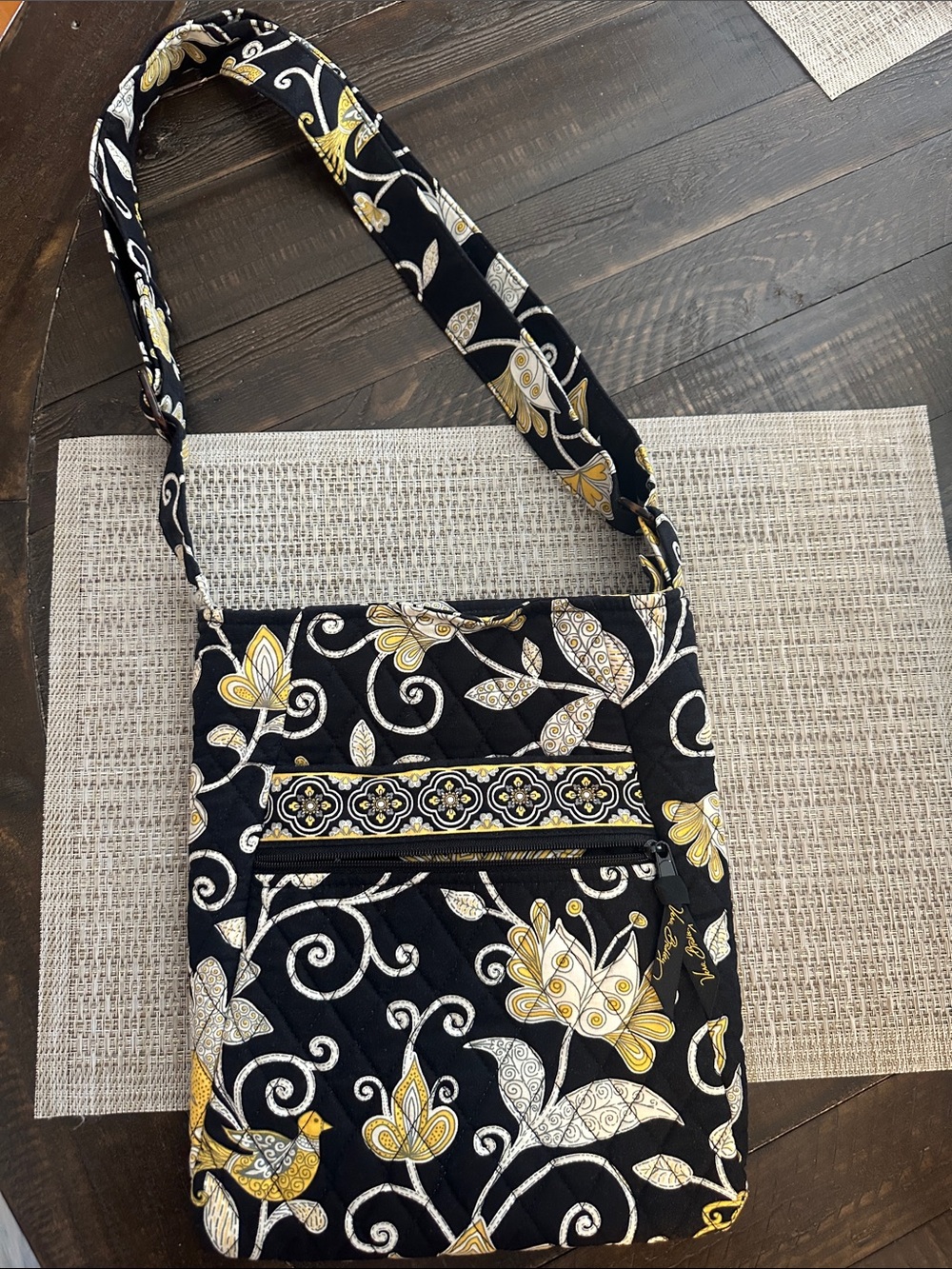 Vera Bradley Black Floral Quilted Crossbody with Gold Accents